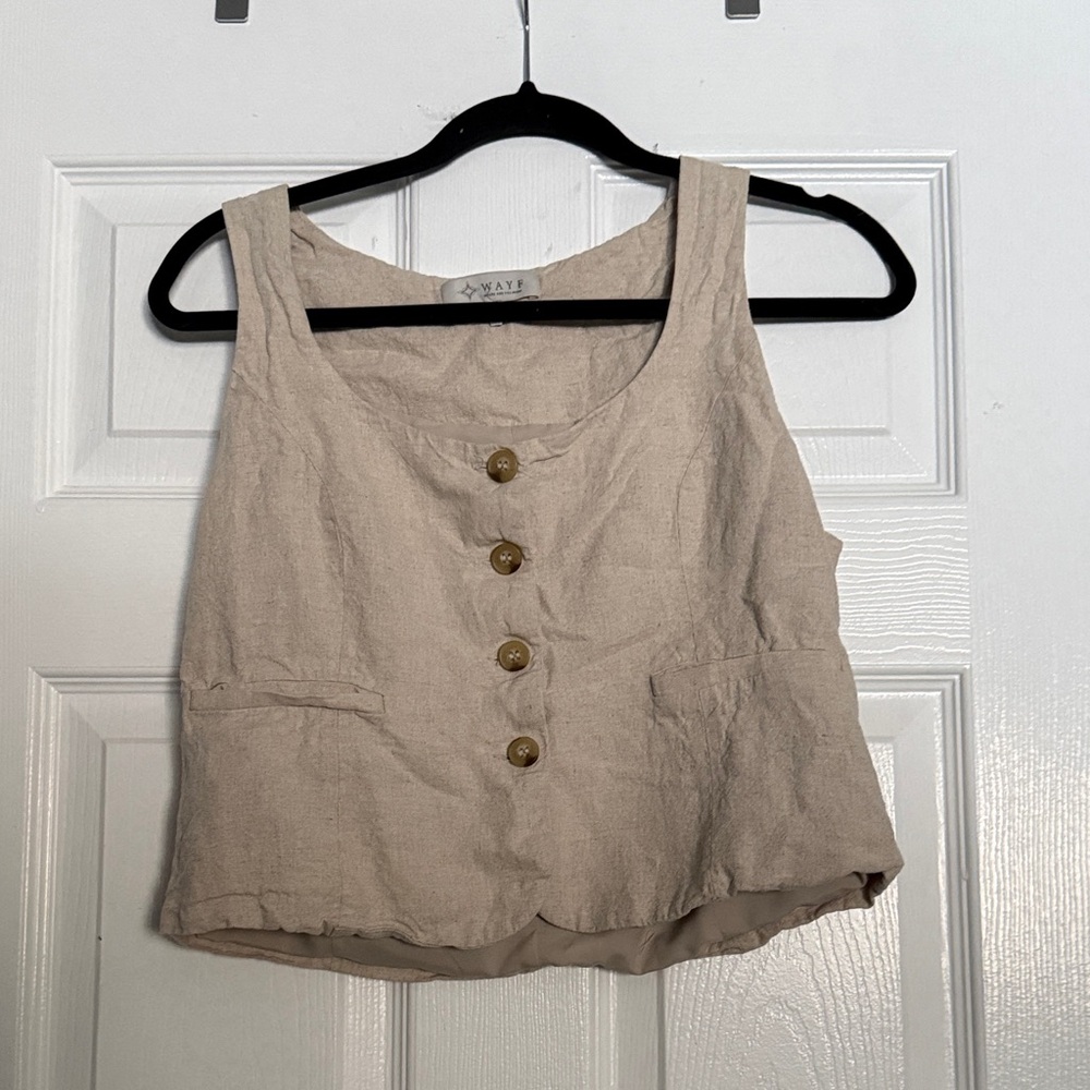 Wayf Beige Sleeveless Button-Down Blouse